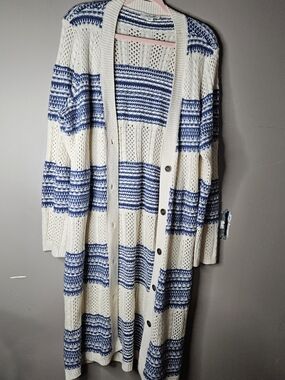 Simply Noelle Cream and Blue Striped Open-Knit Size 4XL Cardigan ptp 22.5"